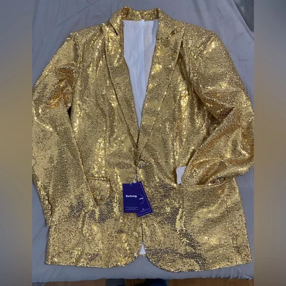 Gold Sequined Women's Pantsuit Jacket Pants Size Large NWT Fully Lined - Picture 2 of 16